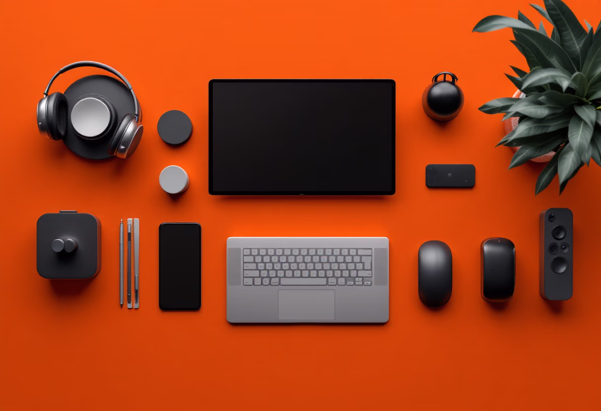[background image] digital devices on a table (for an ai cybersecurity company)